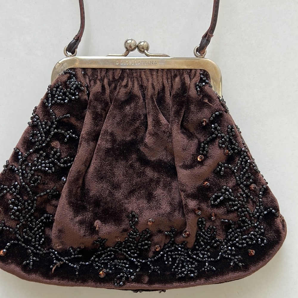 Vintage Dolce & Gabbana Brown bag Crushed Velvet embellished with beads Luxury